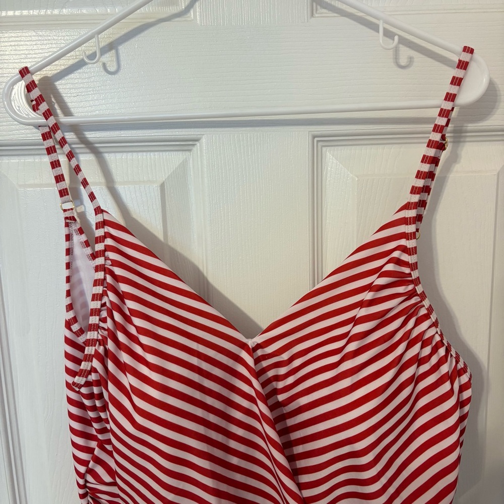 Nicole Miller Red and White Striped One Piece Swimsuit with Flattering Drapery - Picture 2 of 12